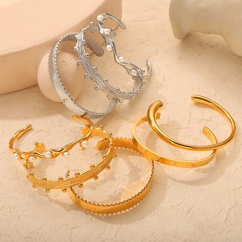 Bracciale Rigido Polsino Acciaio Inossidabile Placcato Oro Perla Artificial Imitazione Texture Geometrica Minimalista Tendenza Gioielli Donna