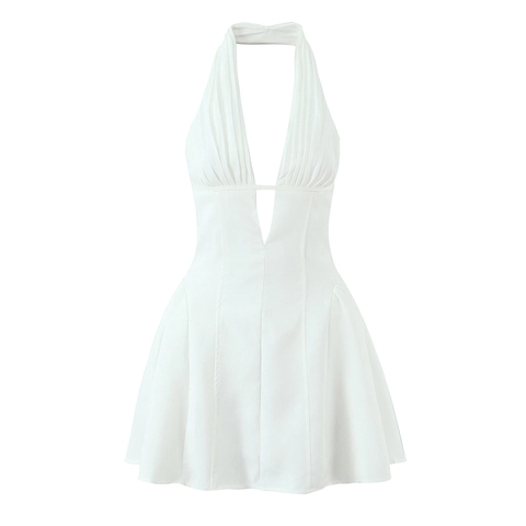 Halter Neck Backless Mini Dress White Deep V Neck Lace Splicing Pleated Ruched High Waist A-Line Summer Party For Women