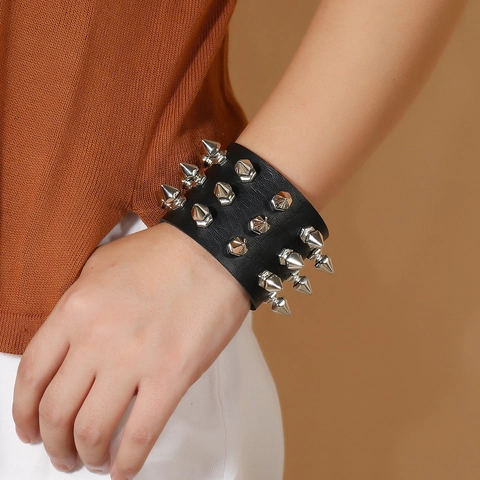 Punk Spiked Leather Bracelet Wide Cuff Triple Row Silver Pointed Studs Rock Gothic Adjustable Wristband Unisex
