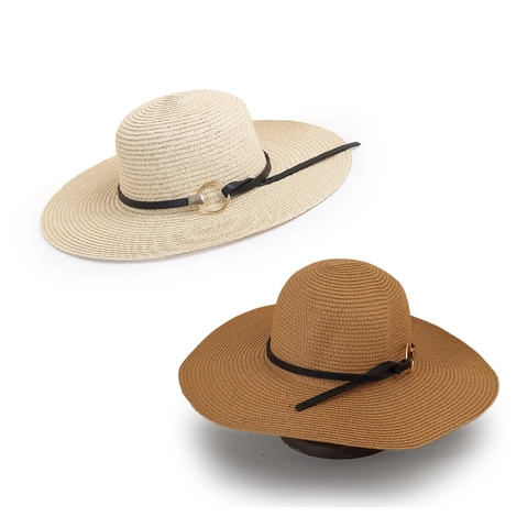 Cappello Di Paglia Da Donna Tesa Larga Protezione Solare Spiaggia Con Anello Di Metallo Cintura Decorativa Elegante Estate