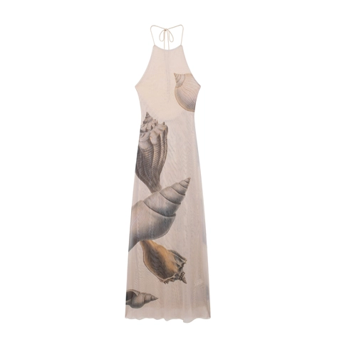 Dames Halterloze Maxi-Jurk Met Open Rug Mesh Tule Schelpenprint Elegante Zomer Vakantie Strand Mouwloze Jurk