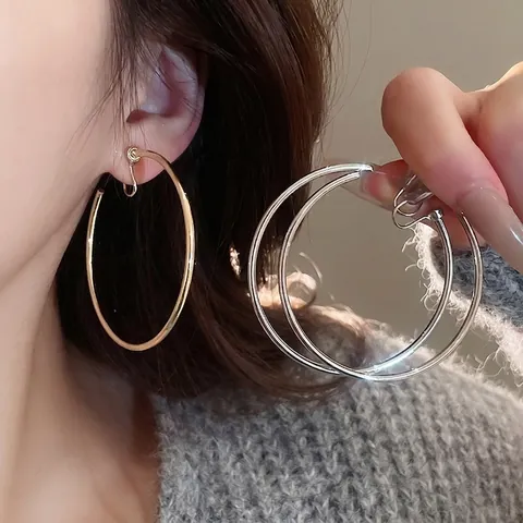 Large Hoop Clip On Earrings Copper Round Circle Minimalist Non Pierced Fashion Jewelry For Women Elegant High Polish