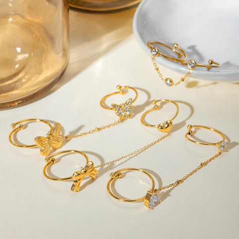 18K Vergoldetes Edelstahl Ring Armband Für Frauen Herz Schmetterling Verstellbare Handkette Schmuck Wasserdicht