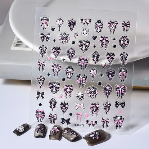 Adesivi Per Unghie Rilievo 5D Gotico Dolce Fiocco Rosa Teschio Cuore Stereoscopico Autoadesivo Impermeabile Decorazione Manicure
