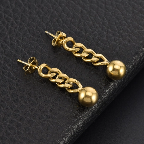 Stainless Steel Gold Plated Drop Earrings Large Chain Link Polished Ball Pendant Dangle Fashion Jewelry Women
