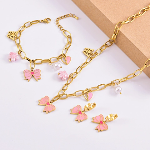 Set Di Gioielli In Acciaio Inossidabile Fiocco Rosa Smalto Fiore Farfalla Ciondoli Perla Artificial Stile Dolce Romantico Donna