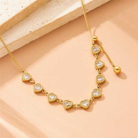 Gold Plated Stainless Steel Necklace For Women Featuring Heart Shaped Zircon Pendants And Adjustable Slider Clasp Elegant