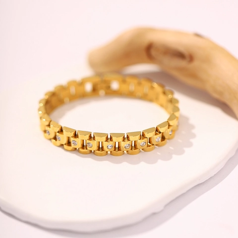 Bracelet Style Bracelet De Montre Luxe En Acier Inoxydable Plqué Or 18K Incrusté De Zircone Bijoux Tendance