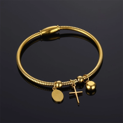 Bracciale A Catena A Serpente In Acciaio Inossidabile Con Medaglia Della Vergine Maria Croce E Ciondolo In Zircone Placcato Oro 18K