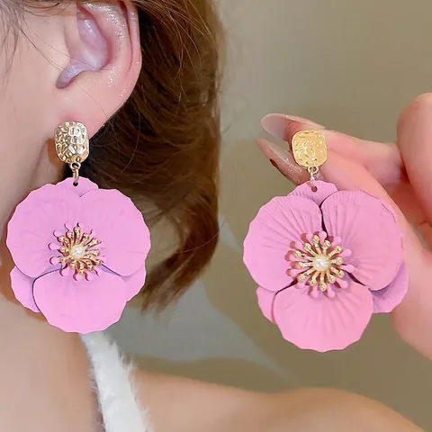 Pendientes Colgantes De Flores Rosa Mate Con Poste De Plata De Ley 925 Y Perla Artificial Joyería Floral Dulce