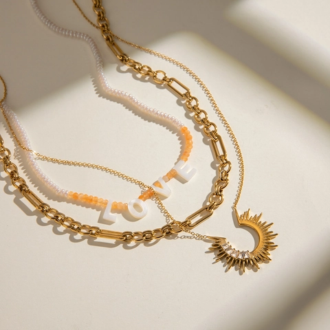 Collier Acier Inoxydable Pendentif Zircon Soleil Künstliche Perles Pierre Colorée Chaîne Superposée Bijoux Imperméables Femmes