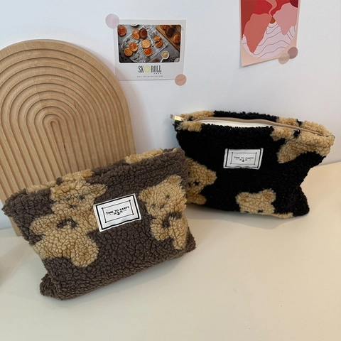 Plüsch Kosmetiktasche Lammwolle Bärenmuster Große Kapazität Reise Kosmetik Aufbewahrungstasche Für Frauen Weiche Reißverschluss Clutch