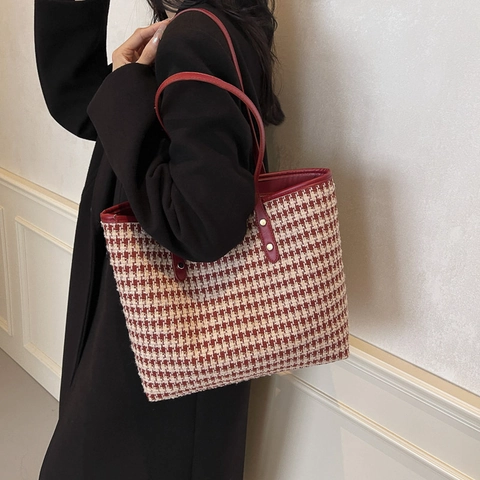 Red White Houndstooth Heart Pattern Tote Bag Large Capacity Woven Tweed Canvas Shoulder Handbag Retro Fashion Commute Women