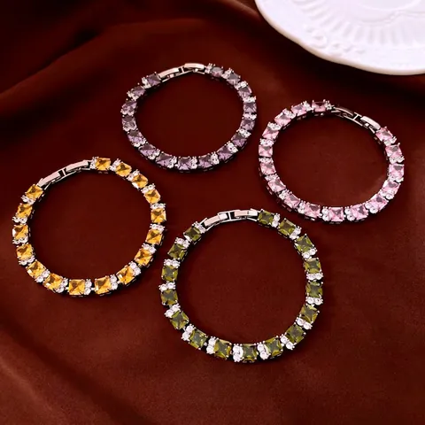 Bracciale Tennis In Zirconia Quadrata Da Donna Rame Chiusura Geometrica Gioiello Di Moda Colorato Accessorio