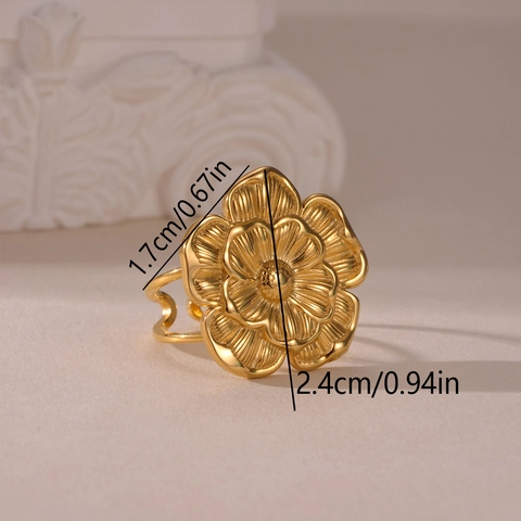 Vintage Double Layer Large Flower Open Ring 18K Gold Plated Stainless Steel Adjustable Jewelry For Women