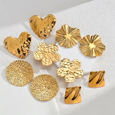 Hammered Texture Geometric Earrings And Rings Gold Plated Stainless Steel Heart Flower Round Irregular Statement Jewelry