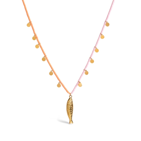 Vis Hanger Ketting 18K Verguld Roestvrij Staal Oranje Roze Rijstkralen Waterdicht Vakantie Stijl Sieraden Voor Dames