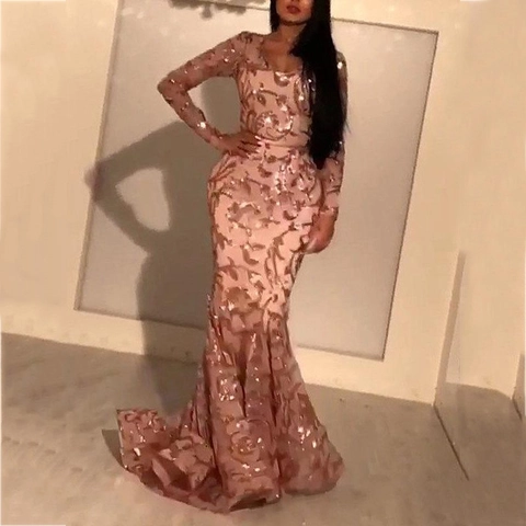 Women Sequin Evening Dress Long Sleeve Mermaid Slim Fit Banquet Gown Elegant Pink Mesh Floor Length Prom Party