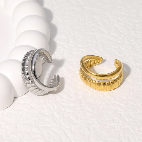 Stainless Steel Ring Double Layer Adjustable Open Finger Jewelry Minimalist Ridged Smooth 18K Gold Plated