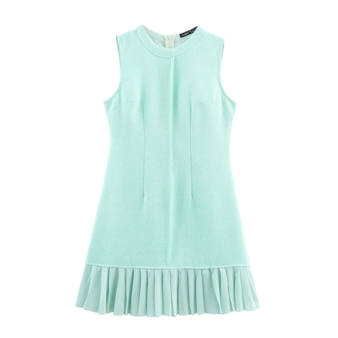 Abito Corto Senza Maniche Donna Trama Tweed Girocollo Vestibilità Aderente Orlo Pieghettato Chiffon Patchwork Zip Schiena Verde Mentha