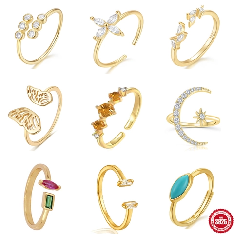 925 Sterling Silver Open Ring For Women Minimalist Adjustable Zirconia Leaf Flower Star Moon Butterfly Gold Plated Finger Ring
