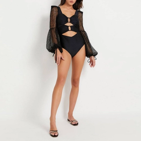 Swimsuit Long Lace Mesh Sleeves Hollow Out Ring Connected Sexy Solid Black Beachwear For Women Slimming Bathing Suit