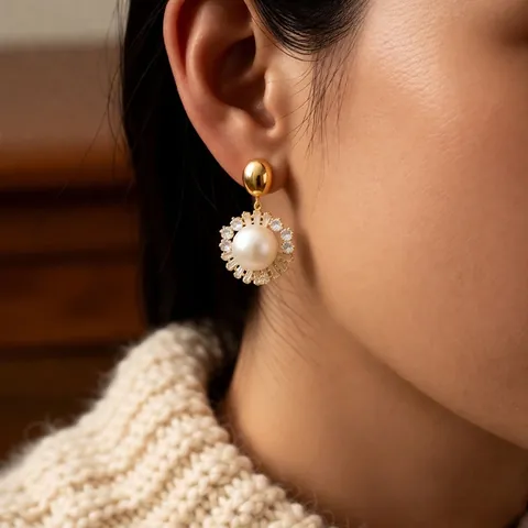 Orecchini A Goccia Con Künstliche Perle Retro Francesi Con Perno In Argento Zircone Design A Fiore Placcato Oro Per Donna