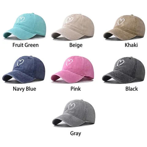Casquette De Baseball En Coton Lavé Vintage Broderie Coeur Chapeau De Soleil Ajustable Extérieur Unisexe Style Décontracté