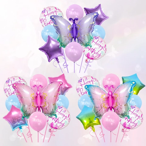 Palloncini Compleanno Farfalla Sfumati Foglio Alluminio Stella Tondo Happy Birthday Decorazioni Festa Kit