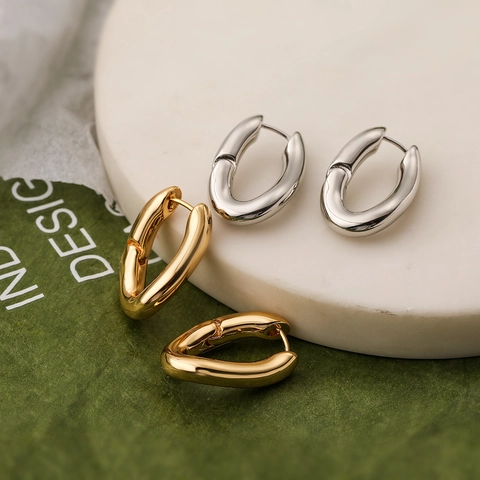Minimalist Geometric Hoop Earrings Copper Gold Plated Irregular Wave Oval Jewelry For Women INS Style Polished