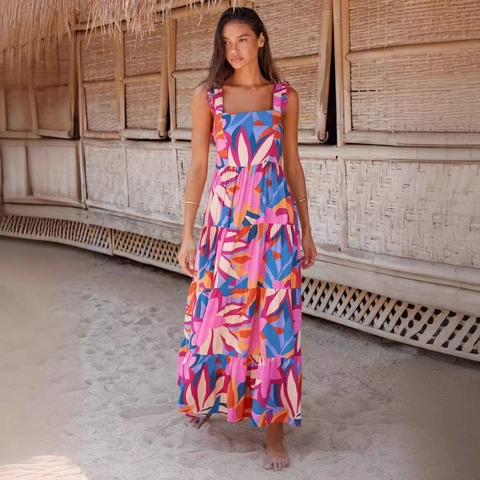 Boheemse Bloemenprint Maxi Jurk Polyester Vierkante Hals Ruches Bandjes Gelaagde Rok Strand Vakantie Zonnejurk Voor Dames