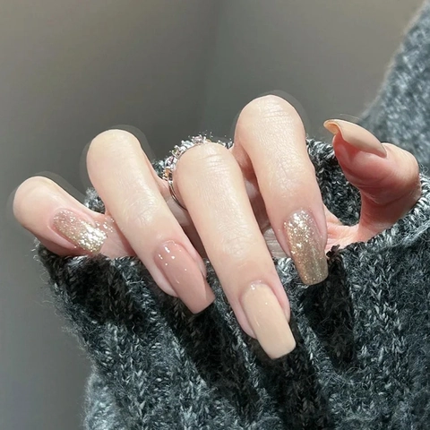 Unghie Finte Press On Lunghe Forma Ballerina Coffin Glitter Dorati Champagne Nude Rosa Manicure Fai Da Te Artificiali