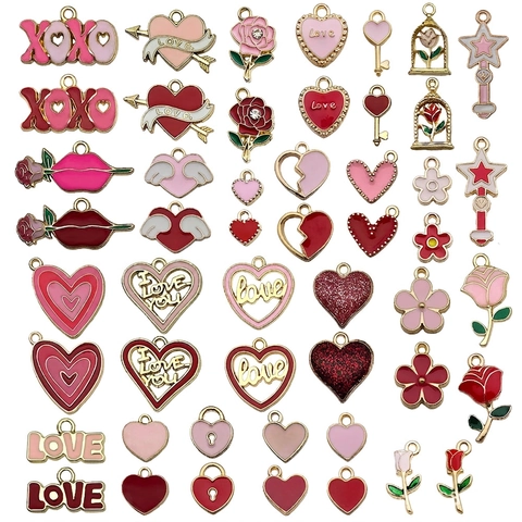 Zinc Alloy Enamel Charms Pendants Romantic Valentine Day Heart Rose Shape DIY Jewelry Making Accessories For Necklace Bracelet