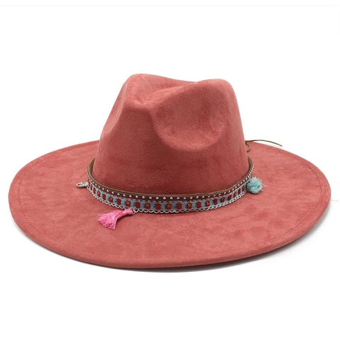 Cappello Fedora A Tesa Larga Da Donna Simil Camoscio Boho Fascia Etnica Nappine Vintage Western Protezione Solare Moda