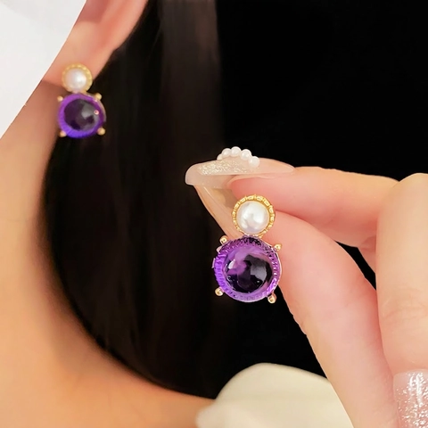 Vintage Jewelry Necklace Earrings With Round Purple Resin Gemstones Faux Artificial Pearls And Silver Earring Post For Women