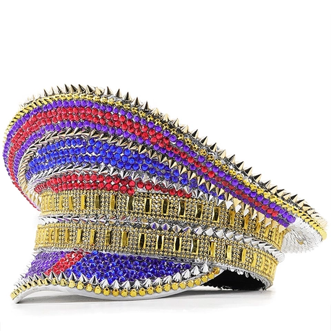 Captain Hat Military Officer Sequins Rhinestone Metal Spikes Performance Party Festival Carnival Stage