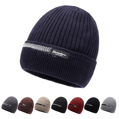 Beanie Hat Knitted Acrylic Fleece Lined Winter Warm Windproof Outdoor Casual Striped Ribbed For Men Women