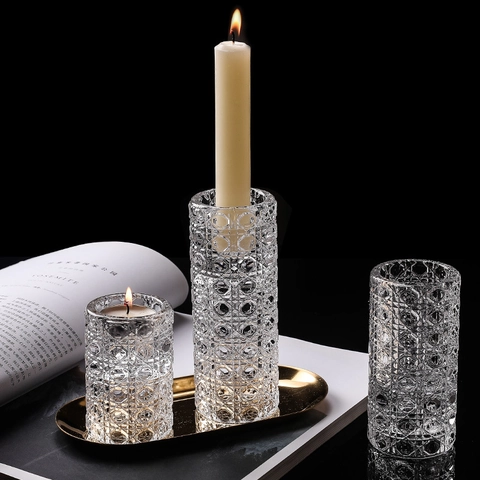 Transparent Glass Candlestick Holder Geometric Crystal Pattern Modern Simple Table Decor Romantic Candlelight Dinner