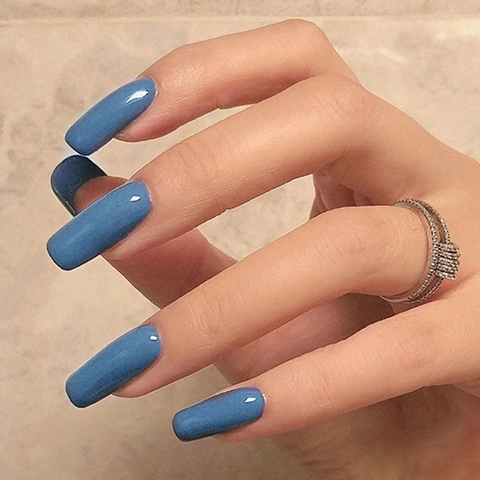 Press On Nails Glossy Haze Blue Square Shape Full Cover Artificial False Nails For Women DIY Manicure