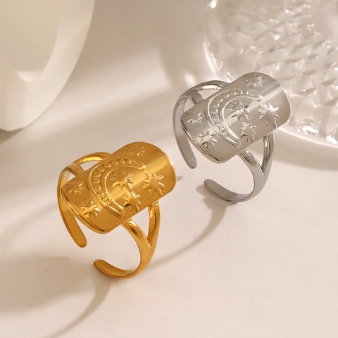 Anello In Acciaio Inossidabile Con Stella E Luna Goffrato Rettangolare Aperto Regolabile Gioielli Di Moda Retro Donna