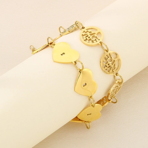 Bracelet En Acier Inoxydable Plaqué Or Pour Femme Motif Cœur Évidé Arbre De Vie Bijoux Élégants