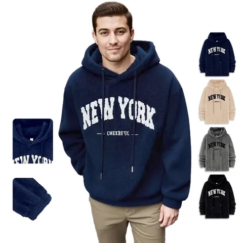 Heren Hoodie Sherpa Fleece Capuchon Sweatshirt New York Print Streetwear Retro Casual Losjes Warm