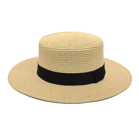 Classic Straw Boater Hat Flat Top Wide Brim Sun Protection Summer Beach Travel Ribbon Decor For Women Men