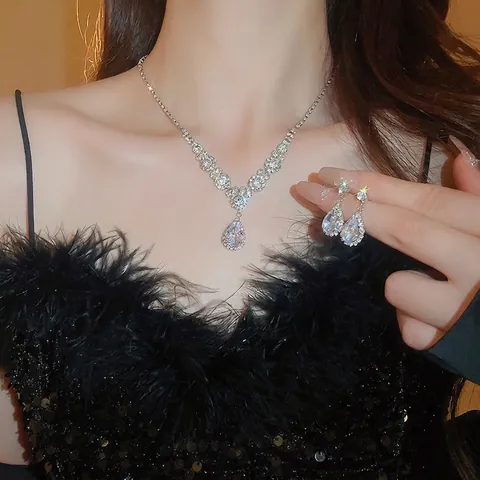 Collana E Orecchini In Zircone Goccia D'acqua Rame Colore Argento Gioielli Da Matrimonio Lusso Per Donne
