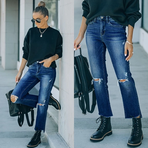 High Waisted Straight Leg Jeans Dames Gescheurde Distressed Denim Broek Blauw Raw Hem Casual Streetwear
