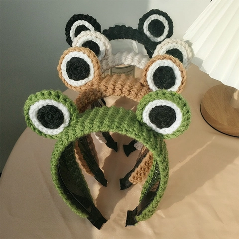 Frog Eyes Knitted Headband Cute Cartoon Animal Crochet Hair Band Non Slip Wide Hair Hoop For Women Girls Face Washing