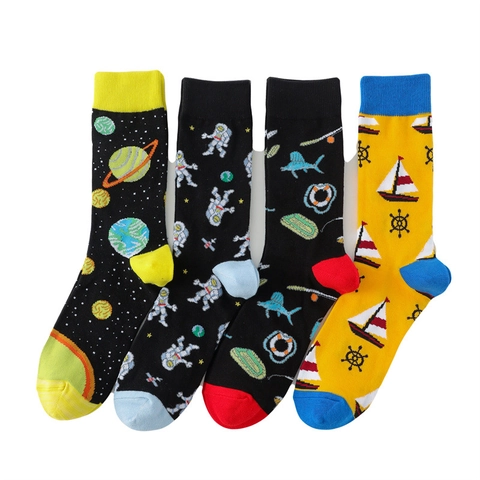 Baumwolle Crew Socken Astronaut Planet Weltraum Maritim Segeln Druck Neuheit Mittlere Röhre Strumpfwaren Herren Damen