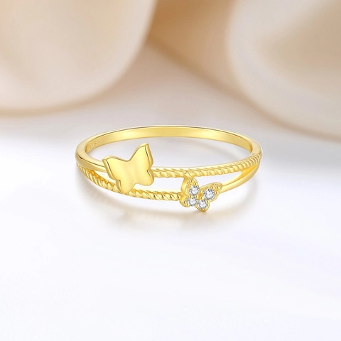 S925 Sterling Silver Butterfly Ring For Women Gold Plated Twisted Band Inlaid Rhinestone Minimalist Fashion Finger Ring