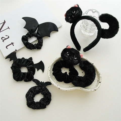 Accessori Capelli Halloween Gatto Nero Ali Pipistrello Velluto Peluche Satin Scrunchies Cerchietto Festa Cosplay Donne