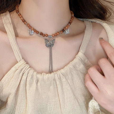 Schmetterling Anhänger Halskette Mit Legierung Keramik Holzperlen Gewebte Seilkette Ethnischer Vintage Schmuck Für Damen